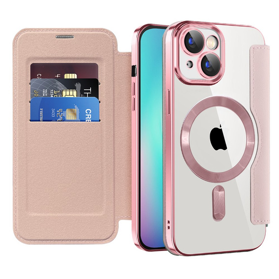 Θήκη με πτερύγιο για iPhone 15, RFID Wallet MagSafe CamShield, ροζ