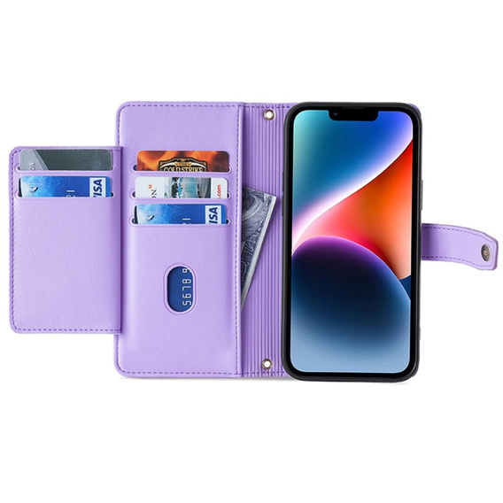 Θήκη με πτερύγιο για iPhone 15, Wallet Zipper Pocket, μωβ