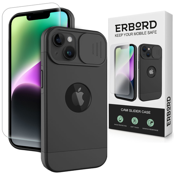 Θήκη ERBORD MagSafe Cam Slider, μαύρη + γυαλί για την οθόνη για iPhone 13 / iPhone 14
