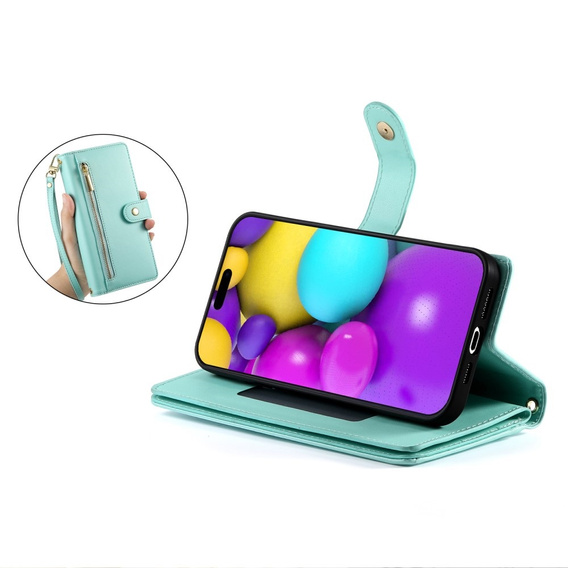 Θήκη με πτερύγιο για iPhone 16 Plus, Wallet Zipper Pocket, πράσινη
