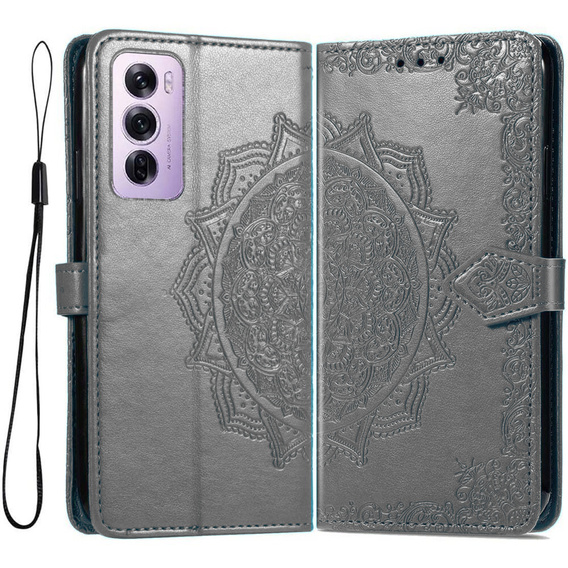 Θήκη με πτερύγιο για Oppo Reno 12, Mandala, γκρι
