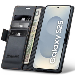 Θήκη για Samsung Galaxy S25, ERBORD Glossy Litchi, πορτοφόλι με πτερύγιο, μαύρη