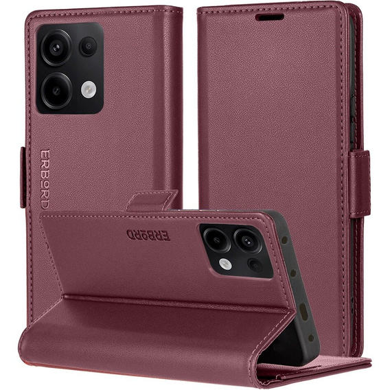 Θήκη για Xiaomi Redmi Note 13 Pro 4G / Xiaomi Redmi Note 14S / Xiaomi Poco M6 Pro 4G, ERBORD Glossy Litchi, πορτοφόλι με πτερύγιο, κόκκινη