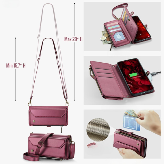 θήκη CASEME για Samsung Galaxy S24 FE, RFID Leather Wallet, με λουράκι ώμου, κόκκινη