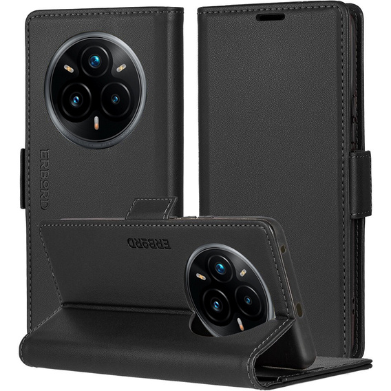 Θήκη για Realme 14 Pro 5G, ERBORD Glossy Litchi, πορτοφόλι με πτερύγιο, μαύρη