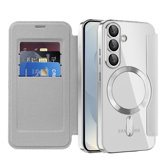 Θήκη με πτερύγιο για Samsung Galaxy S25, RFID Wallet MagSafe CamShield, ασημένια