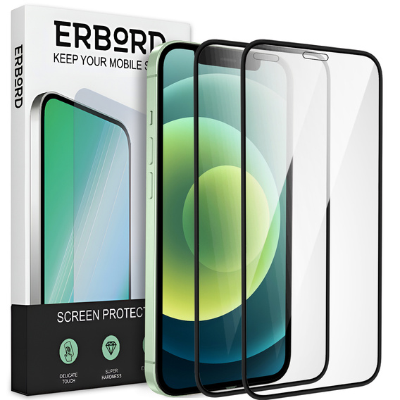 2x Μετριασμένο γυαλί για iPhone 12 Mini, ERBORD 3D πλήρης οθόνη