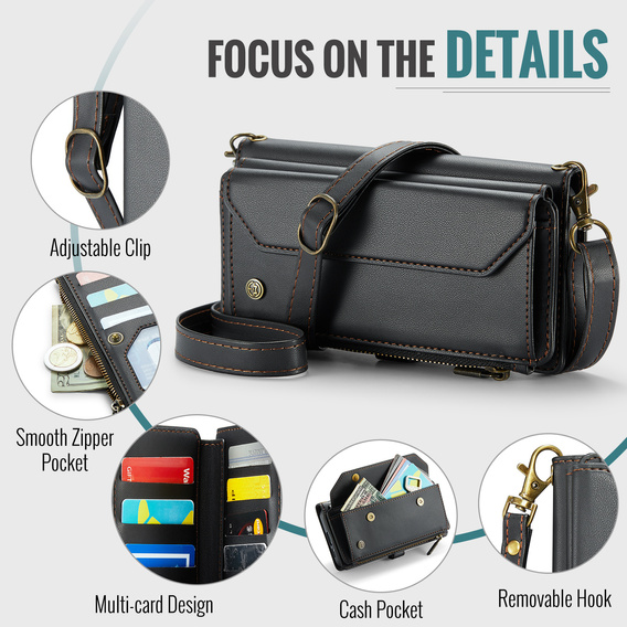 θήκη CASEME για Samsung Galaxy S25 FE, RFID Leather Wallet, με λουράκι ώμου, μαύρη