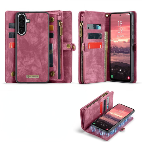 CASEME θήκη για Samsung Galaxy A56 5G, Retro Leather Wallet, με λουράκι, κόκκινη