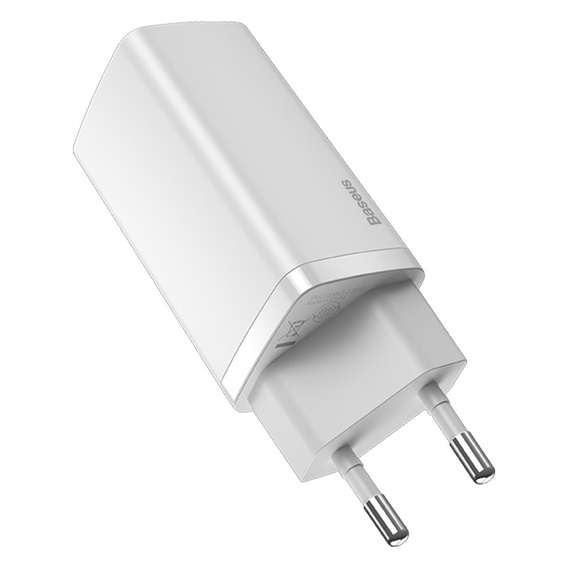 Baseus GaN2 Lite 65 W USB-C + USB-A φορτιστής δικτύου, λευκό (ΕΕ)