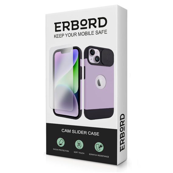 Θήκη ERBORD MagSafe Cam Slider, μοβ + γυαλί για την οθόνη για iPhone 13 / iPhone 14
