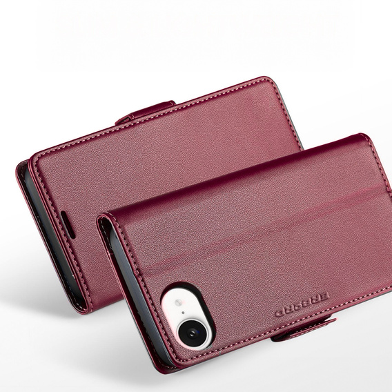 Θήκη για Iphone 16E, ERBORD Glossy Litchi, πορτοφόλι με πτερύγιο, κόκκινη