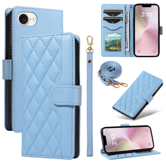 θήκη πτερύγιο για iPhone 16E, Rhombus Crossbody Leather, μπλε