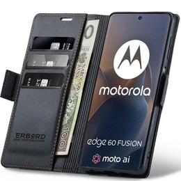 Θήκη για Motorola Edge 60 / 60 Fusion, ERBORD Glossy Litchi, πορτοφόλι με πτερύγιο, μαύρη