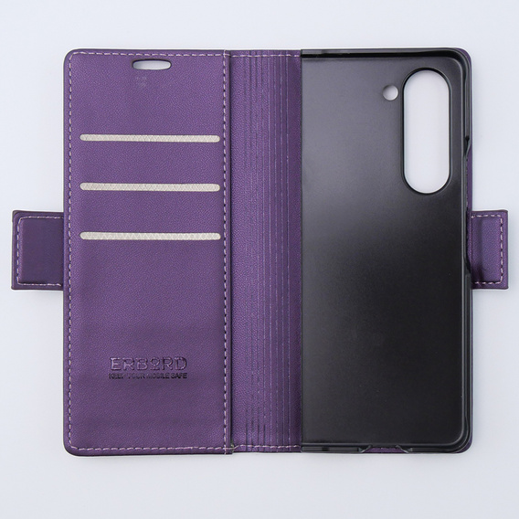 Θήκη για Samsung Galaxy Z Fold 5 5G, ERBORD Glossy Litchi, πορτοφόλι με πτερύγιο, μωβ