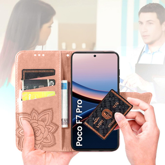 Θήκη με πτερύγιο για Xiaomi Poco F7 Pro, Butterfly, ροζ rose gold