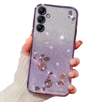 Θήκη για Samsung Galaxy A15, Glitter Flower, μωβ + γυαλί 9H