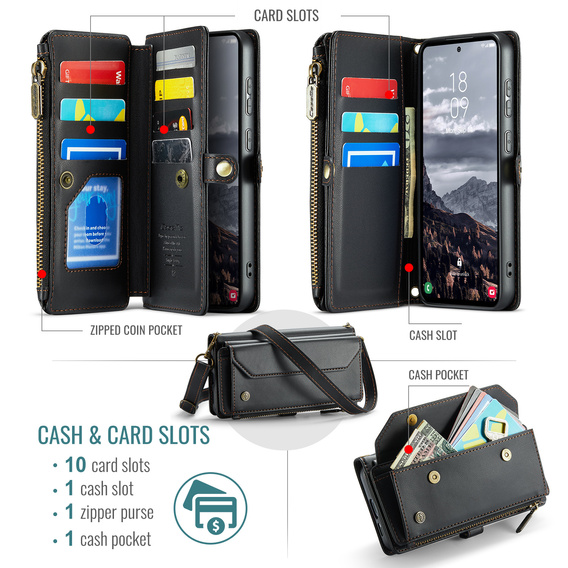 θήκη CASEME για Samsung Galaxy S25 FE, RFID Leather Wallet, με λουράκι ώμου, μαύρη