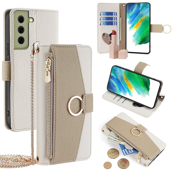 θήκη Wallet Zipper Pocket flip για το Samsung Galaxy S21 FE, Wallet Zipper Pocket, με καθρέφτη, λευκή