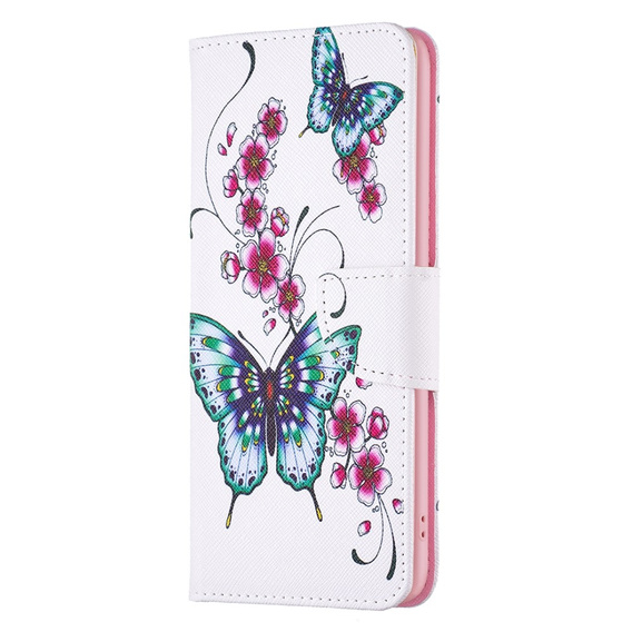 Θήκη με πτερύγιο για Xiaomi Redmi Note 13 5G, Wallet, Butterflies & Flowers λευκή