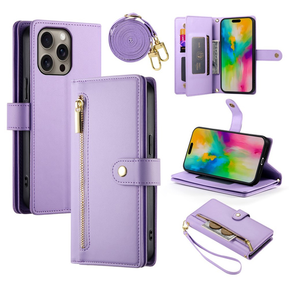 Θήκη με πτερύγιο για iPhone 16 Pro, Wallet Zipper Pocket, μωβ