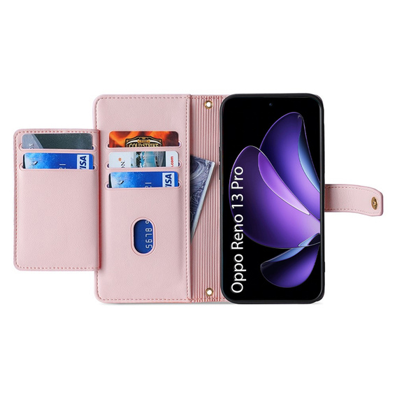 Θήκη με πτερύγιο για Oppo Reno 13 Pro, Wallet Zipper Pocket, ροζ