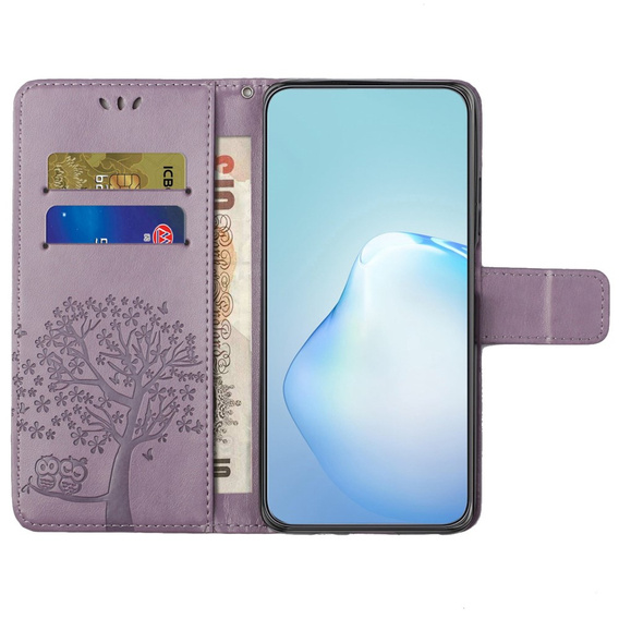Θήκη με πτερύγιο για Motorola Moto E22 / E22i, Wallet, tree i sowy, μωβ