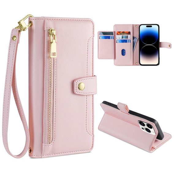 Θήκη με πτερύγιο για iPhone 14 Pro Max, Wallet Zipper Pocket, ροζ