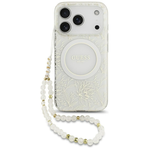Θήκη Guess IML Flowers Electroplated Allover With Beads Strap, για MagSafe, με λουράκι για iPhone 17 Pro