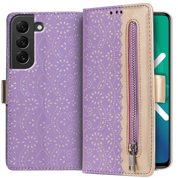 θήκη πτερύγιο για Samsung Galaxy S22+ Plus 5G, Wallet Pocket Zipper Lace, μωβ