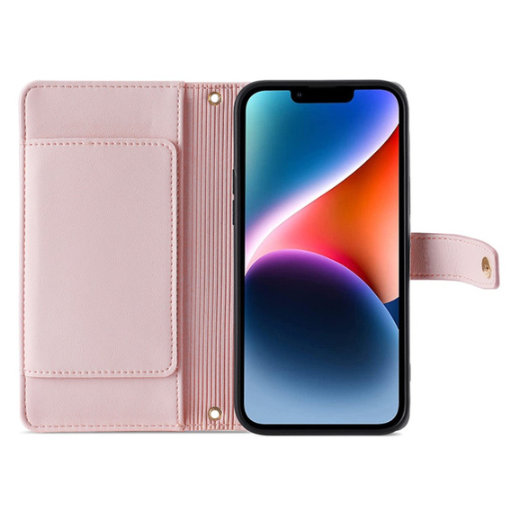 Θήκη με πτερύγιο για iPhone 15, Wallet Zipper Pocket, ροζ