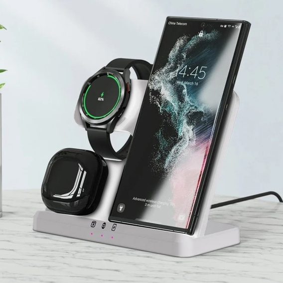 Ασύρματο φορτιστή 3 σε 1 QI γρήγορο για Samsung S25 S24 S23 Galaxy Watch Buds Σταθμός λευκό