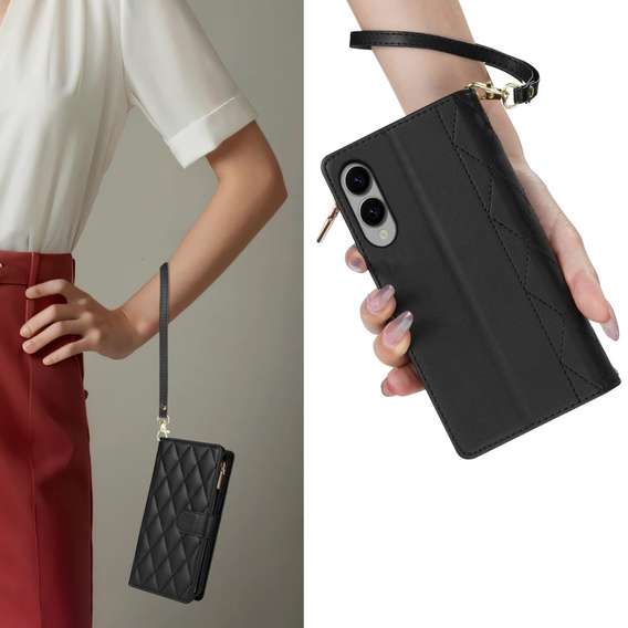 θήκη πτερύγιο για Samsung Galaxy S25 Edge, Rhombus Crossbody Leather, μαύρη
