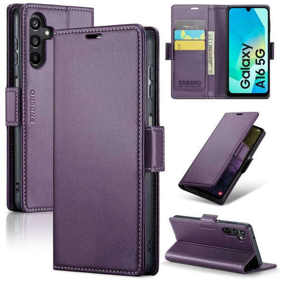 Θήκη για Samsung Galaxy A16, ERBORD Glossy Litchi, πορτοφόλι με πτερύγιο, μωβ