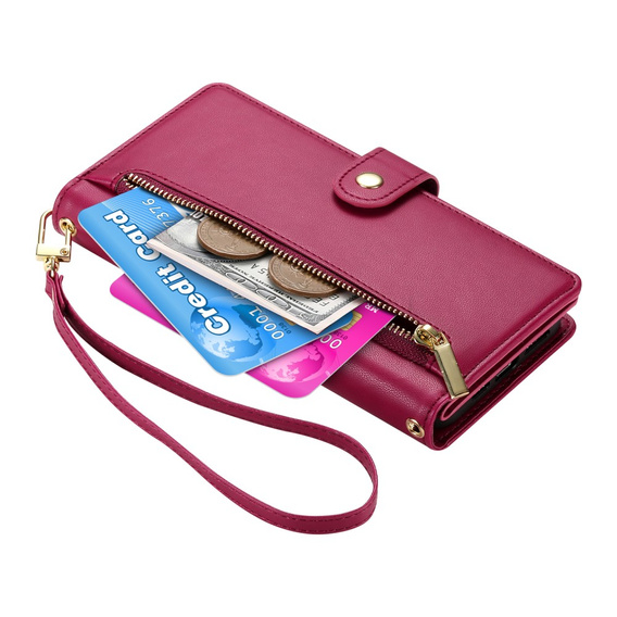 Θήκη με πτερύγιο για Samsung Galaxy S25, Wallet Zipper Pocket, κόκκινη