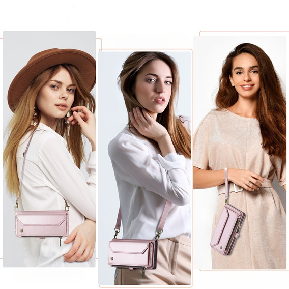 θήκη CASEME για Samsung Galaxy S24 FE, RFID Leather Wallet, με λουράκι ώμου, ροζ