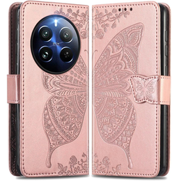 Θήκη με πτερύγιο για Realme 12 Pro 5G / 12 Pro+ 5G, Butterfly, ροζ rose gold