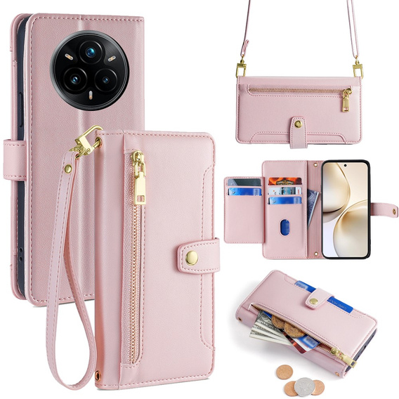 Θήκη με πτερύγιο για Realme 14 Pro+ 5G, Wallet Zipper Pocket, ροζ