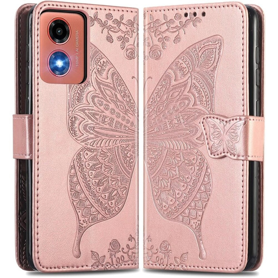 Θήκη με πτερύγιο για Motorola Moto E14, Butterfly, ροζ rose gold