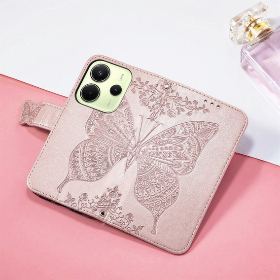 Θήκη με πτερύγιο για Xiaomi Redmi Note 14 4G, Butterfly, ροζ rose gold