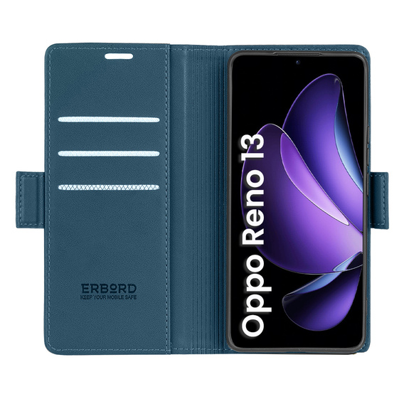 Θήκη για Oppo Reno 13, ERBORD Glossy Litchi, πορτοφόλι με πτερύγιο, μπλε