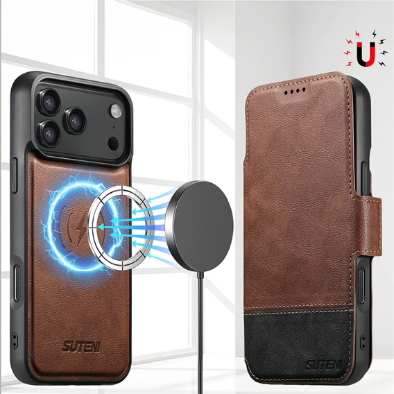 Αναδιπλούμενη θήκη 2 σε 1 για iPhone 17 Pro Max, SUTENI, για MagSafe, καφέ