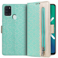 θήκη πτερύγιο για Samsung Galaxy A21S, Wallet Pocket Zipper Lace, πράσινη