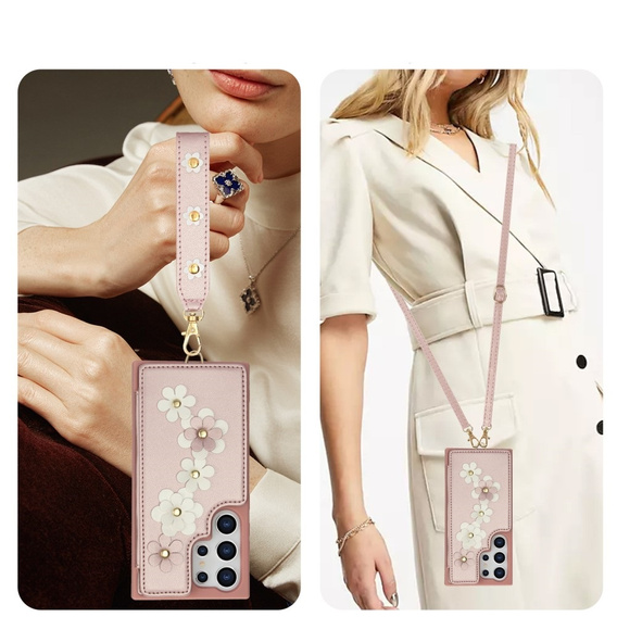 θήκη για Samsung Galaxy S25 Ultra, Leather Flower Card Slot, ροζ