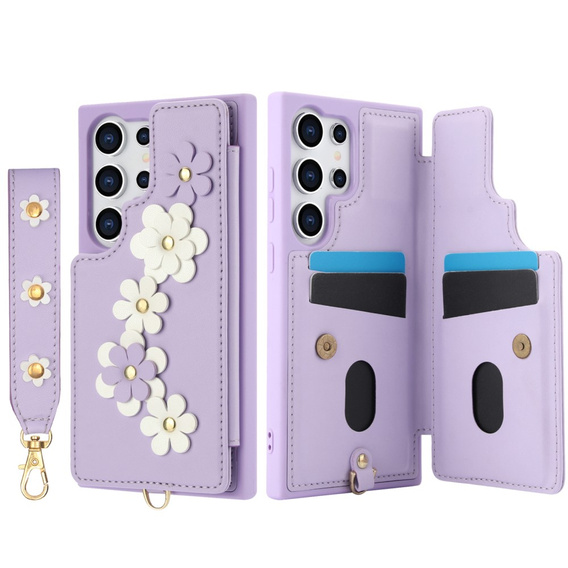 θήκη για Samsung Galaxy S24 Ultra, Leather Flower Card Slot, μωβ