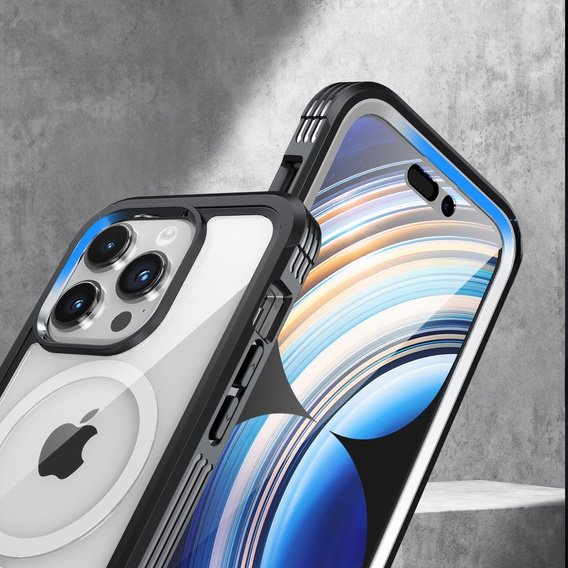 Θήκη για iPhone 15 Pro Max, θωρακισμένη πλήρης προστασία 360° για MagSafe, γυαλί οθόνης, μαύρη