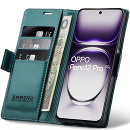 Θήκη για Oppo Reno 12 Pro, ERBORD Glossy Litchi, πορτοφόλι με πτερύγιο, πράσινη