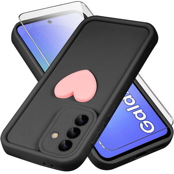 Θήκη για Samsung Galaxy A36, Silicone Heart, μαύρη + σκληρό γυαλί 9H
