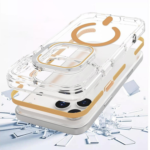 Θήκη για iPhone 17 Pro, για MagSafe, με βάση, διάφανη με χρυσά ένθετα