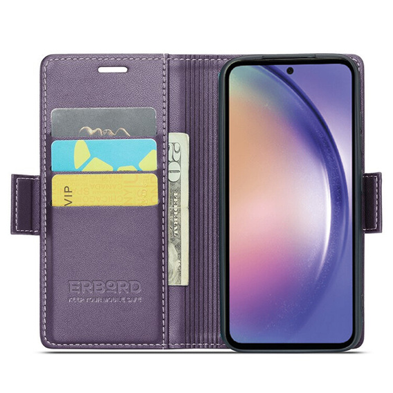 Θήκη για Samsung Galaxy A55, ERBORD Glossy Litchi, πορτοφόλι με πτερύγιο, μωβ